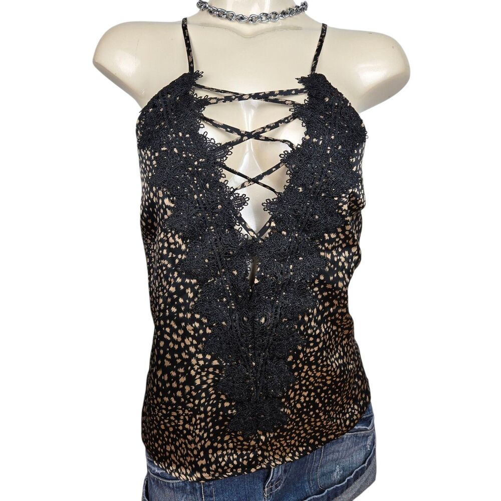 En Creme Tank Cami Top S Deep V-Neck Criss Cross Strap Lace Animal Print Black